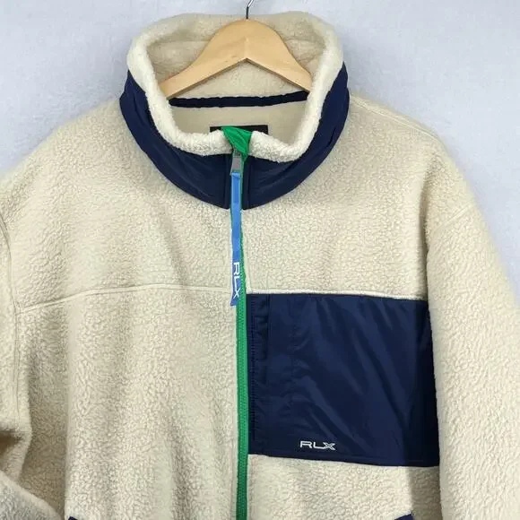 RALPH LAUREN Fleece Womens L RLX Ripstop Trim Full Zip Funnel Neck Off White